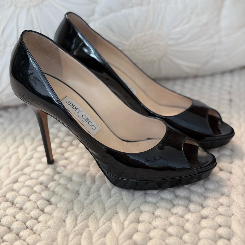 Jimmy Choo Black Patent Platform Peep Toe Pumps